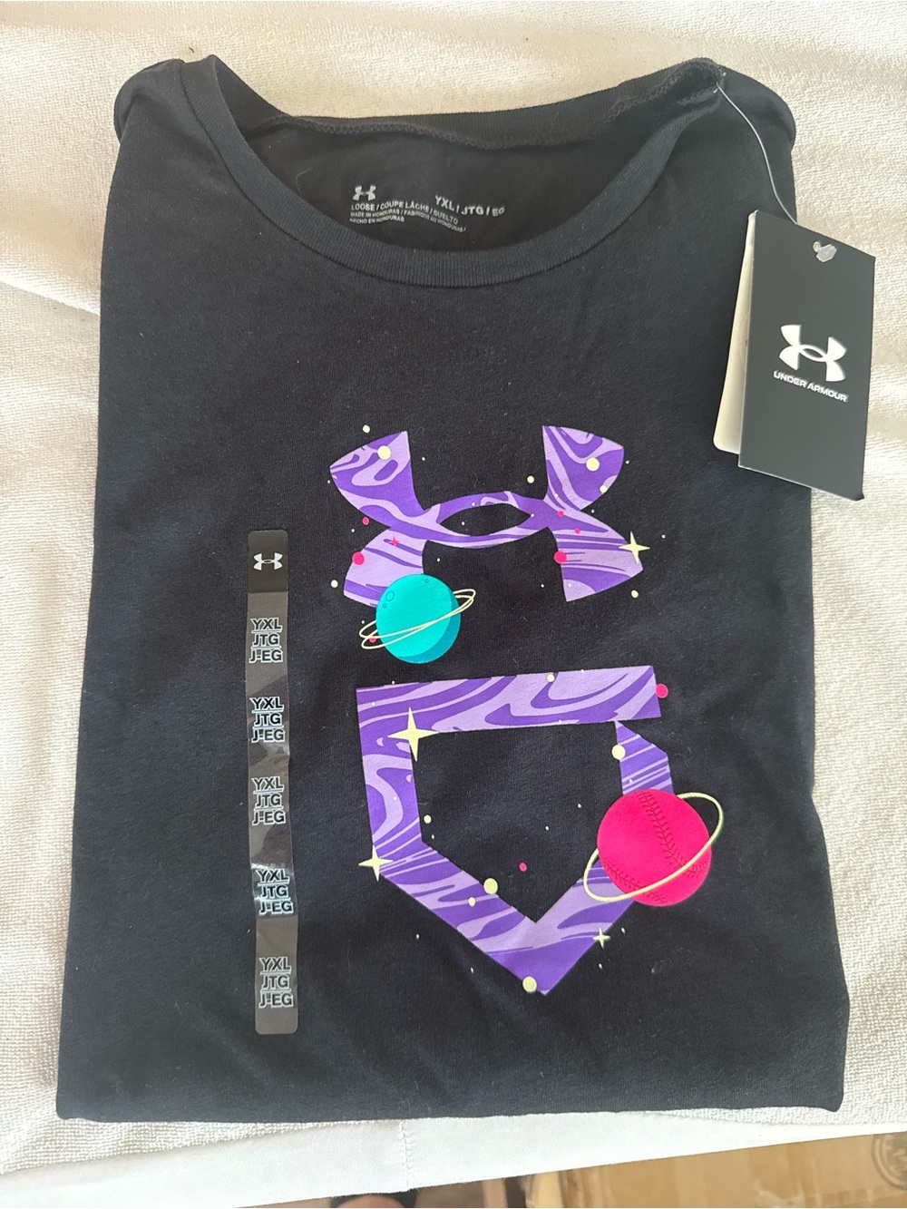 Under Armour Black Softball Tee with Purple Space Logo and Pink & Teal Accents